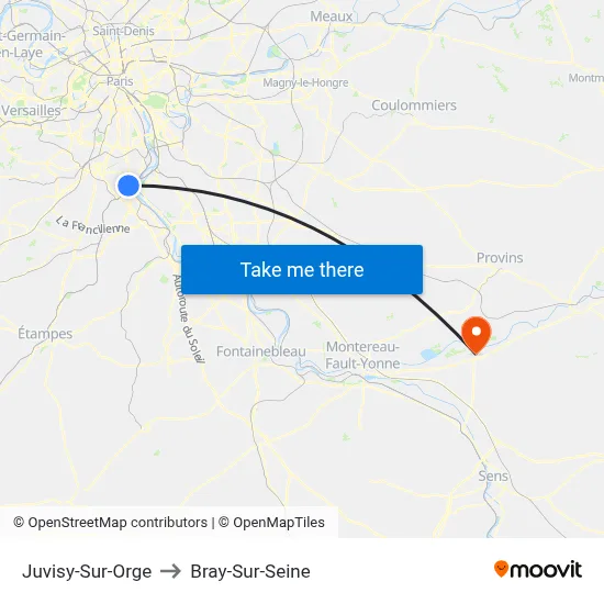 Juvisy-Sur-Orge to Bray-Sur-Seine map