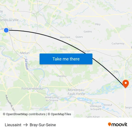 Lieusaint to Bray-Sur-Seine map