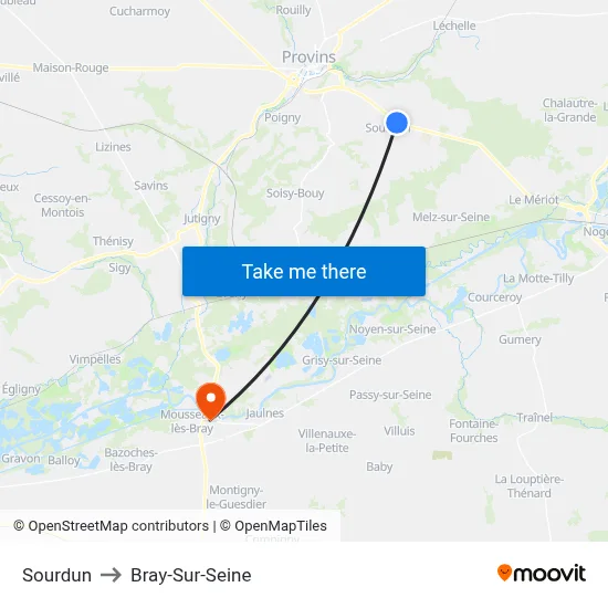Sourdun to Bray-Sur-Seine map