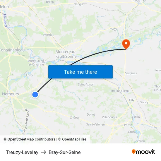 Treuzy-Levelay to Bray-Sur-Seine map