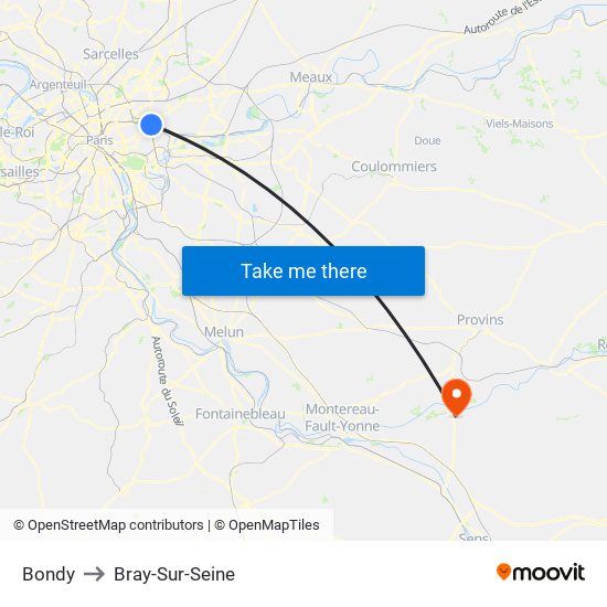 Bondy to Bray-Sur-Seine map