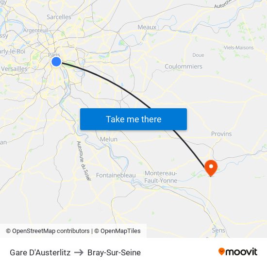 Gare D'Austerlitz to Bray-Sur-Seine map