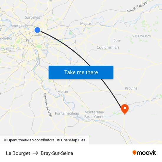 Le Bourget to Bray-Sur-Seine map