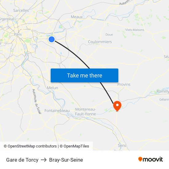 Gare de Torcy to Bray-Sur-Seine map