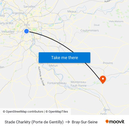 Stade Charléty (Porte de Gentilly) to Bray-Sur-Seine map