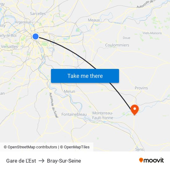 Gare de L'Est to Bray-Sur-Seine map