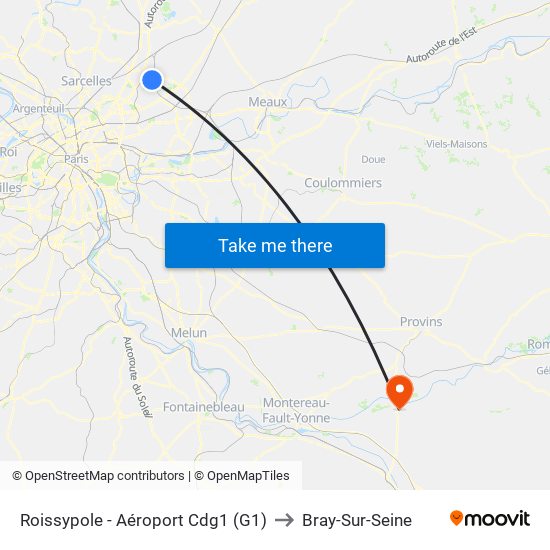 Roissypole - Aéroport Cdg1 (G1) to Bray-Sur-Seine map
