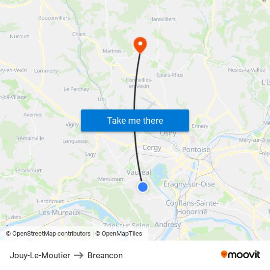Jouy-Le-Moutier to Breancon map