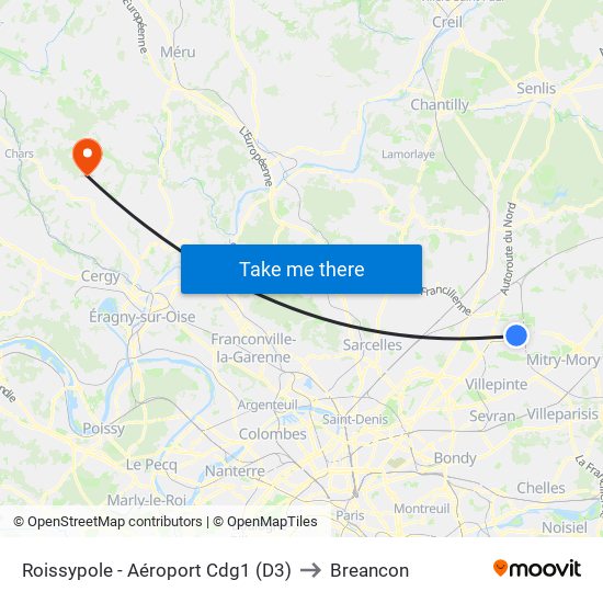 Roissypole - Aéroport Cdg1 (D3) to Breancon map