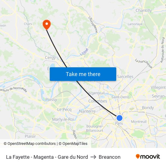 La Fayette - Magenta - Gare du Nord to Breancon map
