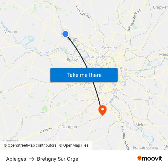 Ableiges to Bretigny-Sur-Orge map