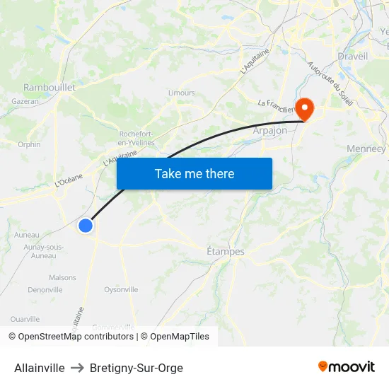 Allainville to Bretigny-Sur-Orge map