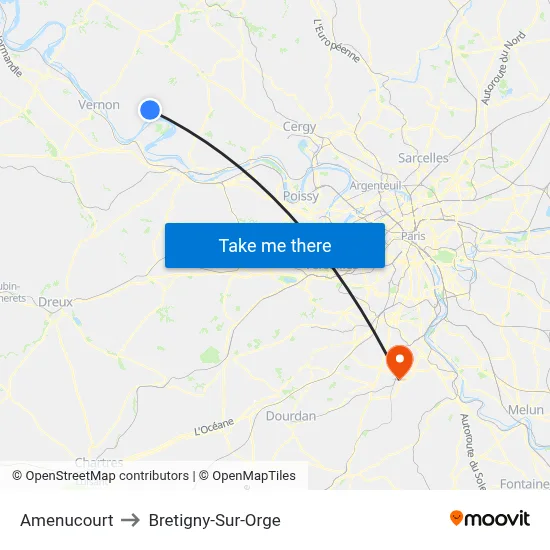 Amenucourt to Bretigny-Sur-Orge map