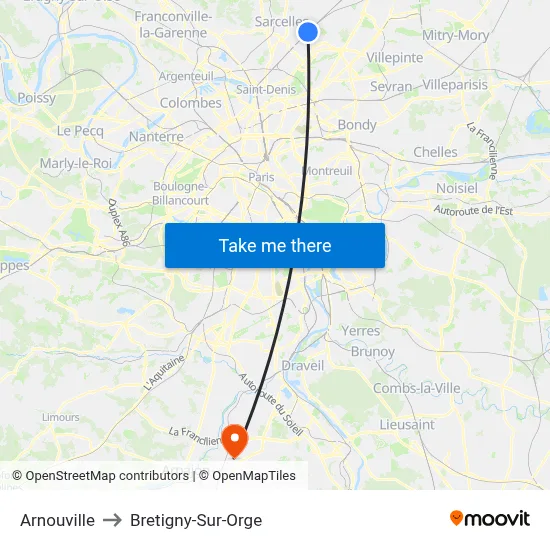 Arnouville to Bretigny-Sur-Orge map
