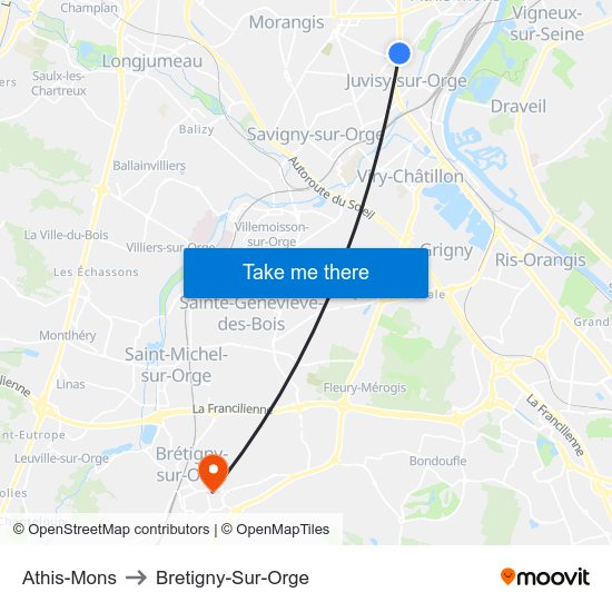 Athis-Mons to Bretigny-Sur-Orge map