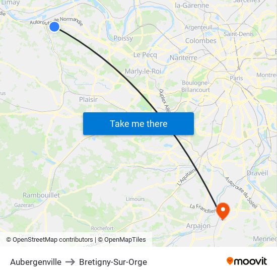Aubergenville to Bretigny-Sur-Orge map