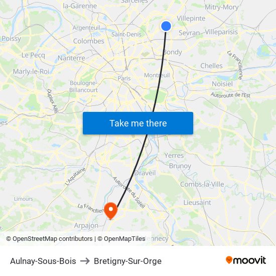 Aulnay-Sous-Bois to Bretigny-Sur-Orge map