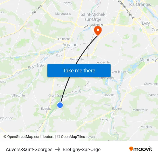 Auvers-Saint-Georges to Bretigny-Sur-Orge map