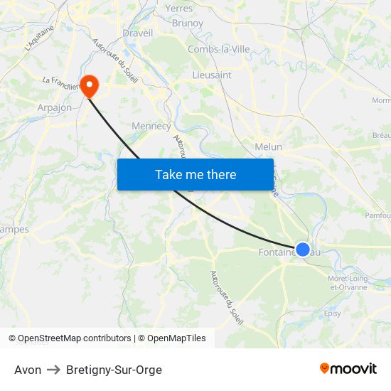 Avon to Bretigny-Sur-Orge map
