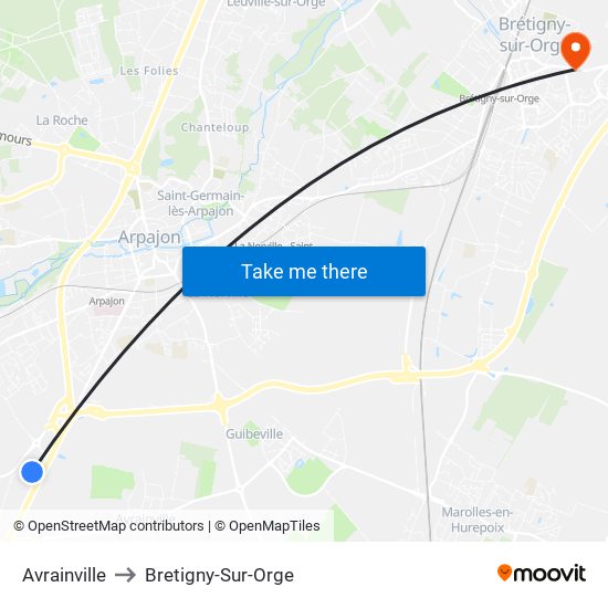 Avrainville to Bretigny-Sur-Orge map