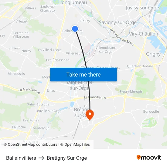 Ballainvilliers to Bretigny-Sur-Orge map