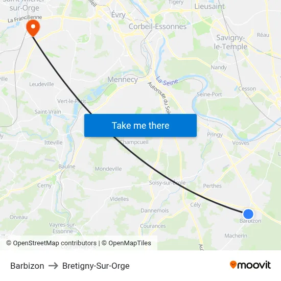 Barbizon to Bretigny-Sur-Orge map