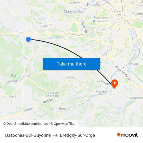 Bazoches-Sur-Guyonne to Bretigny-Sur-Orge map
