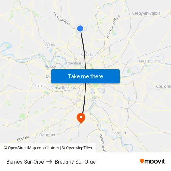 Bernes-Sur-Oise to Bretigny-Sur-Orge map