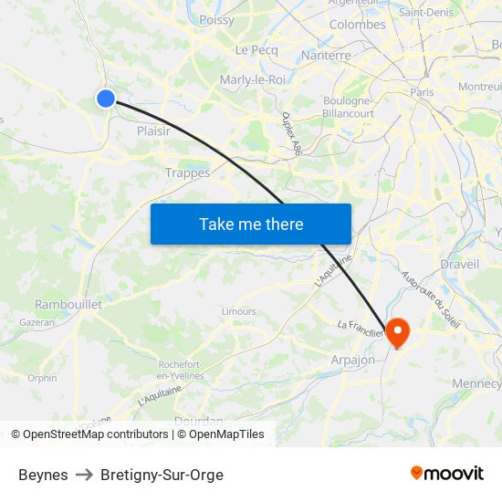 Beynes to Bretigny-Sur-Orge map