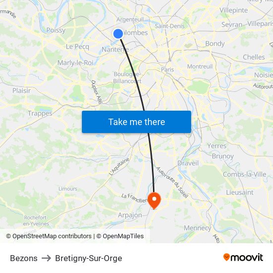 Bezons to Bretigny-Sur-Orge map