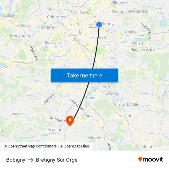 Bobigny to Bretigny-Sur-Orge map