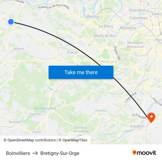 Boinvilliers to Bretigny-Sur-Orge map
