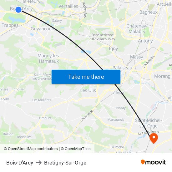 Bois-D'Arcy to Bretigny-Sur-Orge map