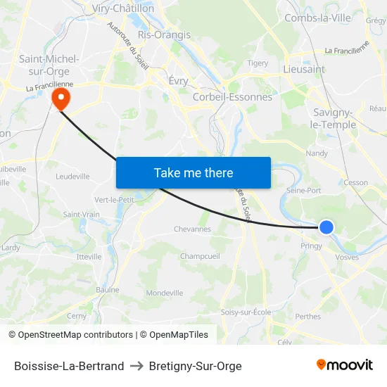 Boissise-La-Bertrand to Bretigny-Sur-Orge map