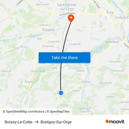 Boissy-Le-Cutte to Bretigny-Sur-Orge map