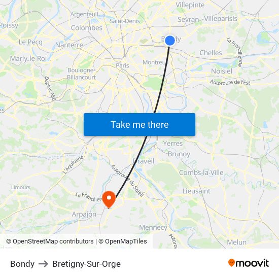 Bondy to Bretigny-Sur-Orge map