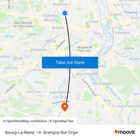 Bourg-La-Reine to Bretigny-Sur-Orge map