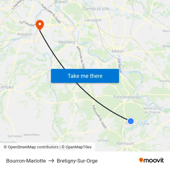 Bourron-Marlotte to Bretigny-Sur-Orge map