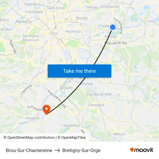 Brou-Sur-Chantereine to Bretigny-Sur-Orge map