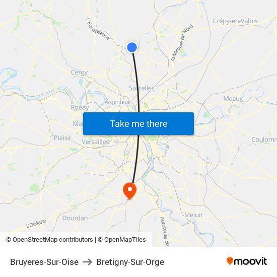 Bruyeres-Sur-Oise to Bretigny-Sur-Orge map
