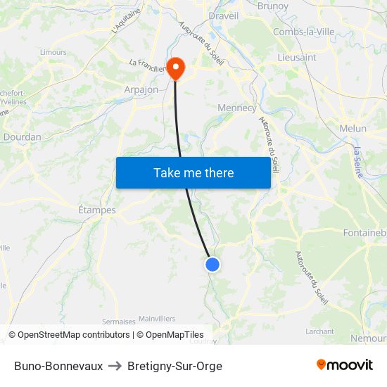 Buno-Bonnevaux to Bretigny-Sur-Orge map