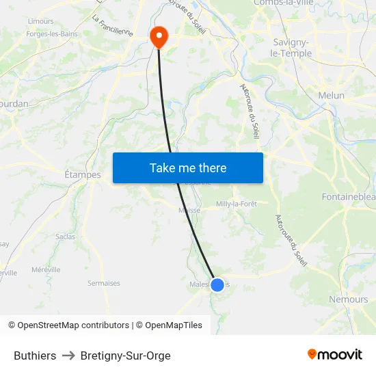 Buthiers to Bretigny-Sur-Orge map