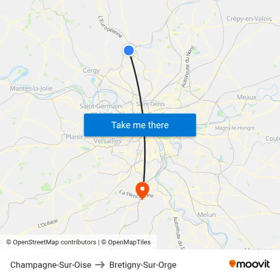 Champagne-Sur-Oise to Bretigny-Sur-Orge map