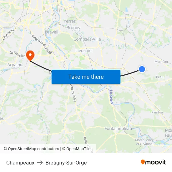 Champeaux to Bretigny-Sur-Orge map