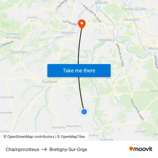 Champmotteux to Bretigny-Sur-Orge map