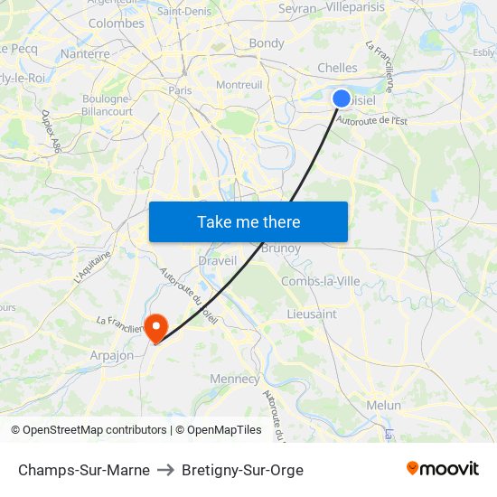 Champs-Sur-Marne to Bretigny-Sur-Orge map