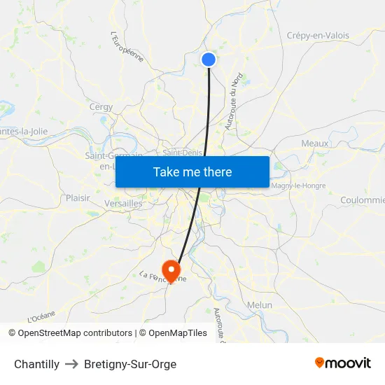 Chantilly to Bretigny-Sur-Orge map