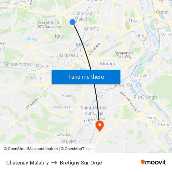 Chatenay-Malabry to Bretigny-Sur-Orge map