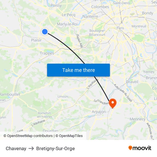Chavenay to Bretigny-Sur-Orge map