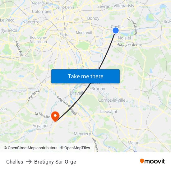 Chelles to Bretigny-Sur-Orge map
